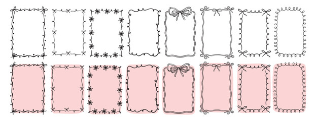 hand drawn doodle pink cute borders for wedding invitation with bows, quirky trendy whimsical frames for girl birthday, wavy borders. Empty cute line frames