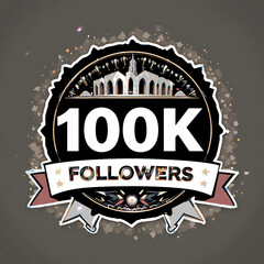 A stylized badge celebrates reaching one hundred thousand followers, displayed prominently.