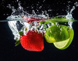 Fruit drops into water creating splash, black background