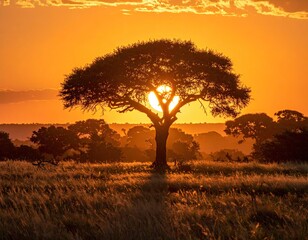 Savannah tree at golden sunset