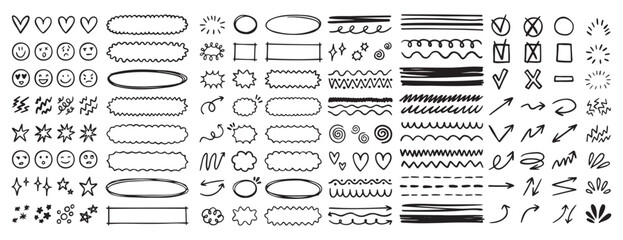 doodle underline emphasis scribble elements line hand drawn set. doodle brush shapes stroke highlight sparkle and arrow elements. childish drawing kids style.