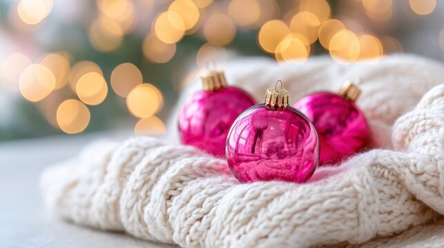 A Festive Display of Pink Christmas Ornaments on a Cozy Knitted Sweater Against a Beautifully Blurred Holiday Background
