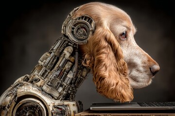 Anthropomorphic dog faces digital night fears. Robotic future. Man and machine: how medicine bridges the gap. Cyborg future. Futuristic medicine.