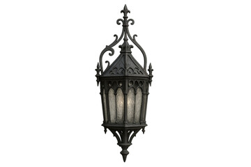 Ornate antique wrought iron gothic lantern illuminating