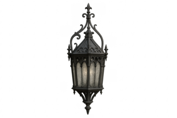 Ornate antique wrought iron gothic lantern illuminating