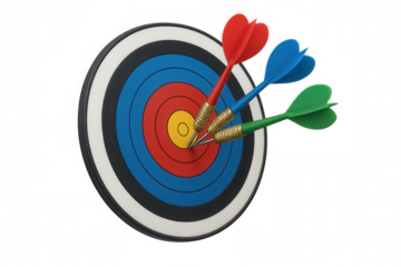 Hitting bullseye with multiple darts, achieving accuracy and success, concept of perfect targeting