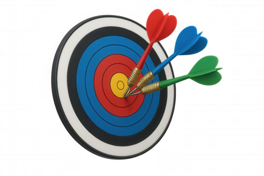 Hitting bullseye with multiple darts, achieving accuracy and success, concept of perfect targeting