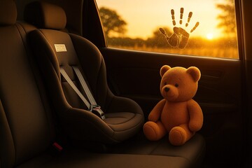 A cute teddy bear next to an empty child's car seat, with a child's handprint on the car window illuminated by a golden light.