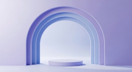 Minimalist Purple Stage with Arched Structure and Circular Platform for Modern Art or Product Display