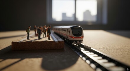 Miniature Train Station Scene with Small Figures and Model Train in Indoor Setting