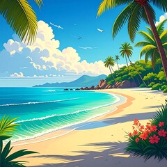 Tropical beach scene with palm trees and turquoise water (1)