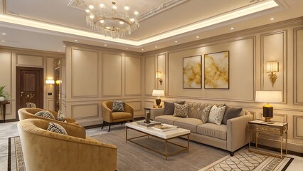 A luxurious living room with beige walls and elegant furniture pieces