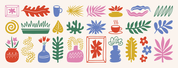 leaf plant floral abstract matisse style shapes set. Hand drawn silhouette branches, blobs, flowers. Contemporary doodle art