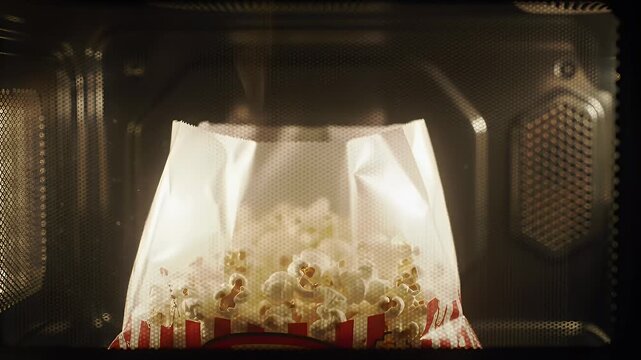 Popcorn popping inside microwave oven domestic snack preparation process