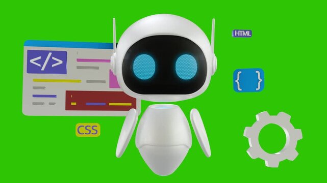 A cute animation of a 3D robot standing floating with a background of data programming or coding. Green screen background. Perfect looping. 