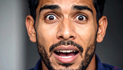 Close-up of a man with a wide-eyed, surprised expression