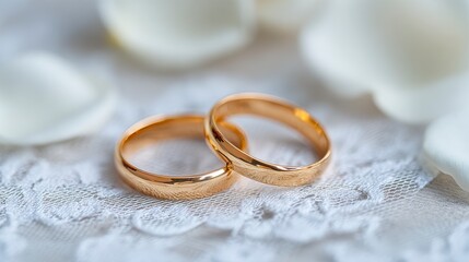 A Close-Up View of Two Intertwined Gold Wedding Rings Resting on Delicate Lace Surrounded by Soft Flower Petals, Symbolizing Eternal Love and Commitment