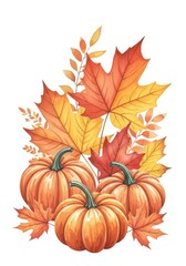 watercolor autumn arrangement with pumpkins and fall leaves. illustration of maple leaves in seasonal colors. Isolated on white background, artwork for Thanksgiving and Halloween greetings.
