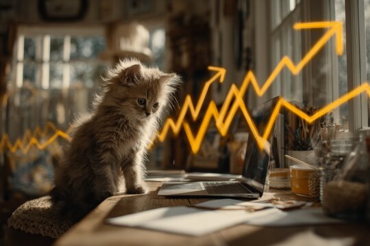 Bright morning, cute cat: anthropomorphic scene unfolds. Performance data drop. Data reveals a clear decline with the arrow moving downwards. Cat at desk. Business decline data.