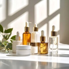 Skincare bottles and cream on a white surface, sunlit