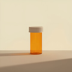 An empty, amber-colored prescription pill bottle with a white cap sits on a surface with cast shadows.
