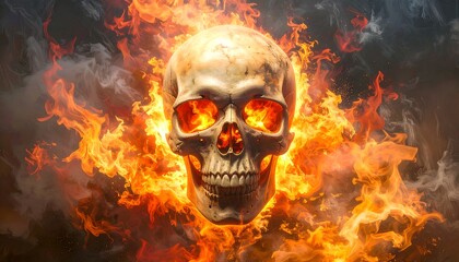 Skull engulfed in fiery flames, smoky background