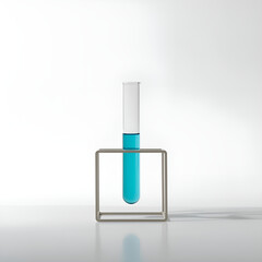 A test tube filled with blue liquid is held upright by a minimalist metal stand against a white background.