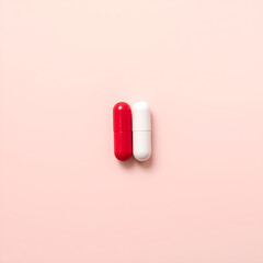 Two colorful capsules, one red and one white, resting on a soft pink surface.
