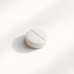 A single, white, round pill with a scored line casting a shadow on a white background.
