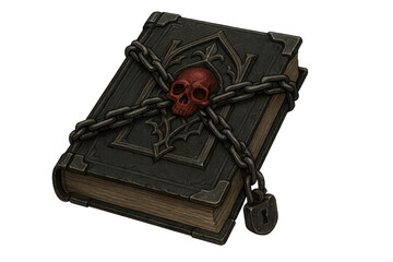 Dark forbidden knowledge ancient grimoire with chains and skull