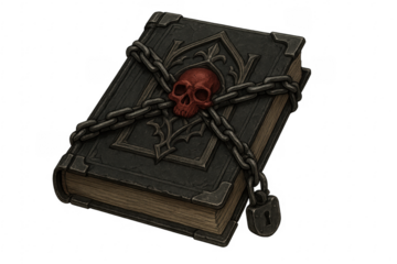 Dark forbidden knowledge ancient grimoire with chains and skull