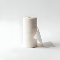A roll of elastic bandage, partially unrolled, stands upright against a plain white background.