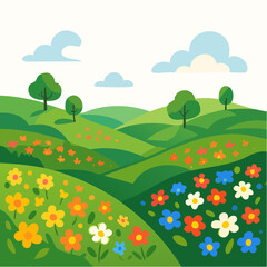 Fototapeta premium Cartoon Landscape Rolling Green Hills and Colorful Flowers in a Sunny Meadow