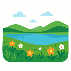 Scenic Landscape Illustration Serene Lake Green Hills and Blooming Flowers