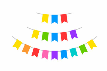 Colorful bunting flags garland set in bright festive colors isolated on a white background. Perfect for decoration party, birthday, holiday, festival, carnival, summer party, and celebration design.