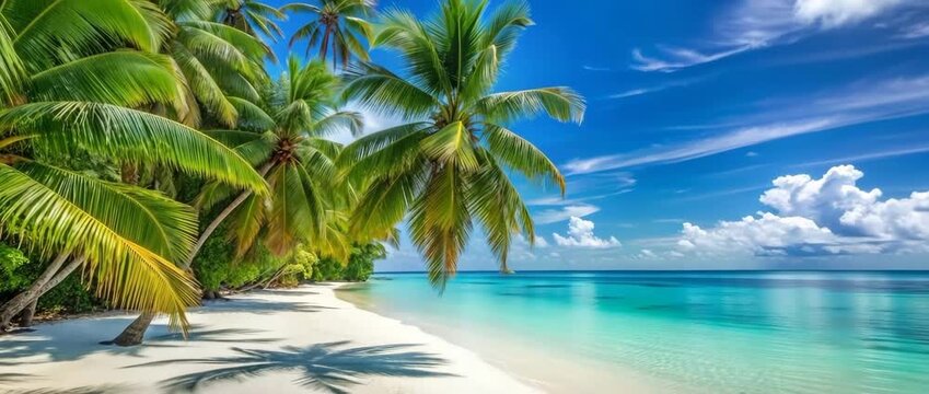 Tropical paradise beach with lush green palm trees swaying gently over pristine white sand and