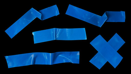 Blue insulating tape design elements. Blue tape texture isolated on black background. Adhesive tape parts