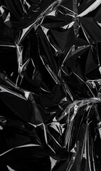 Vertical texture of wrinkled plastic wrap texture on a black background. Transparent cellophane package wallpaper