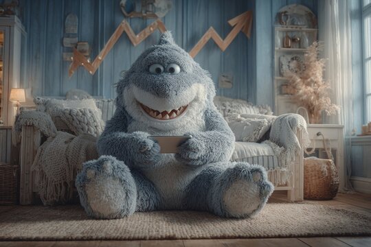 Charming shark with phone: morning room scene. Cryptocurrency myths. Crypto trading as a modern gamble or digital goldmine for ambitious dreamers. Trading crypto guide. Crypto trading basics.