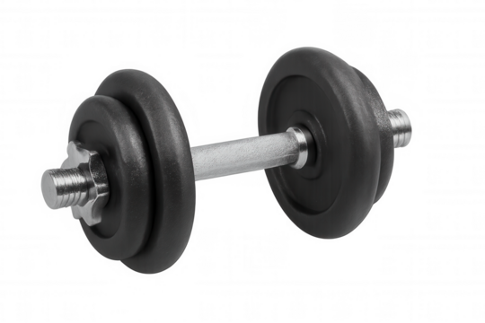 Dumbbell featuring removable black weight plates and a silver handle, offering a versatile tool for home and gym fitness workouts. Transparent background