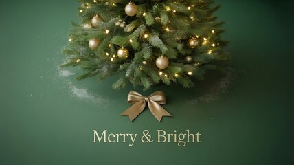 Christmas tree with golden ornaments standing on a flat green surface, with empty background, evoking a festive yet elegant holiday vibe., created with generative ai