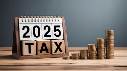 Tax time concept, Tax Year 2026. A wooden desk calendar showing year '2025. Below it, wooden cubes spell the word 'TAX'., created with generative ai
