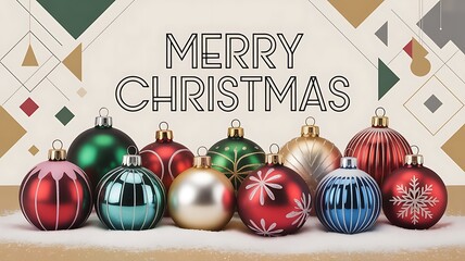 Colorful Christmas ornaments and vintage baubles. Banner background in modern minimalist geometric style, created with generative ai