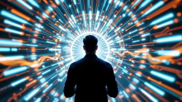 Digital Horizons: A silhouette of a person stands at the threshold of a vibrant, intricate digital network. Symbolizing the convergence of human potential and technological innovation.