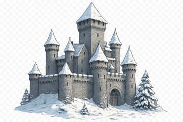 Winter castle with snow on transparent background