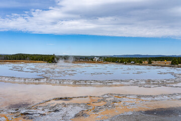 Great Fountain Geyser, Firehole Lake Drive. Lower Geyser Basin. Yellowstone National Park, Wyoming.  hot-spring deposits. Extremophile. 