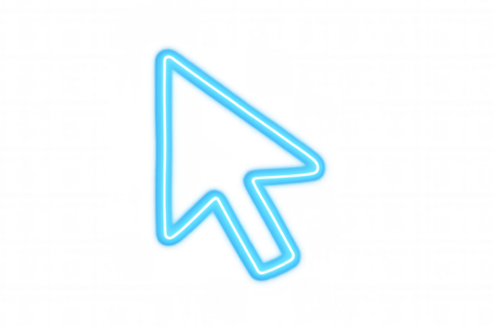 Blue neon cursor or mouse pointer with glowing effect, symbolizing digital interaction and navigation on user interface