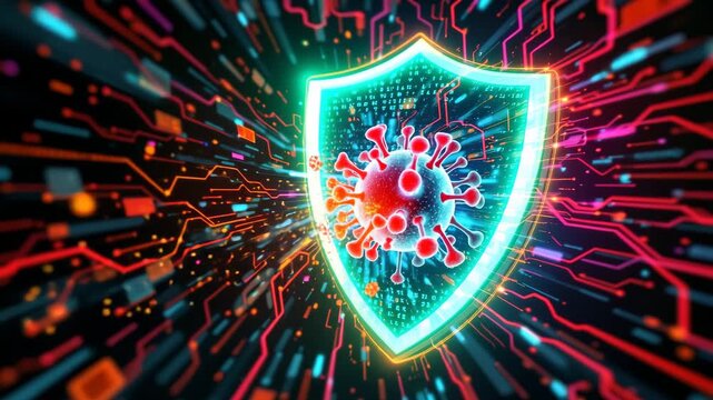 Digital Shield Against Virus: A digital shield, adorned with a vibrant virus, stands as a beacon of protection amidst a dynamic network, representing a stalwart defense against infectious threats. 