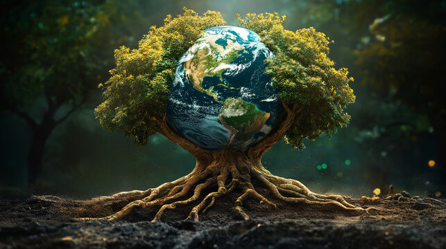 Roots and Globe. Earth’s continents merging into tree roots. National Roots Day, world, heritage