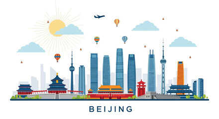 Fototapeta premium Vector illustration of the Beijing, China skyline with famous landmarks, modern skyscrapers, and traditional architecture under a sunny sky.